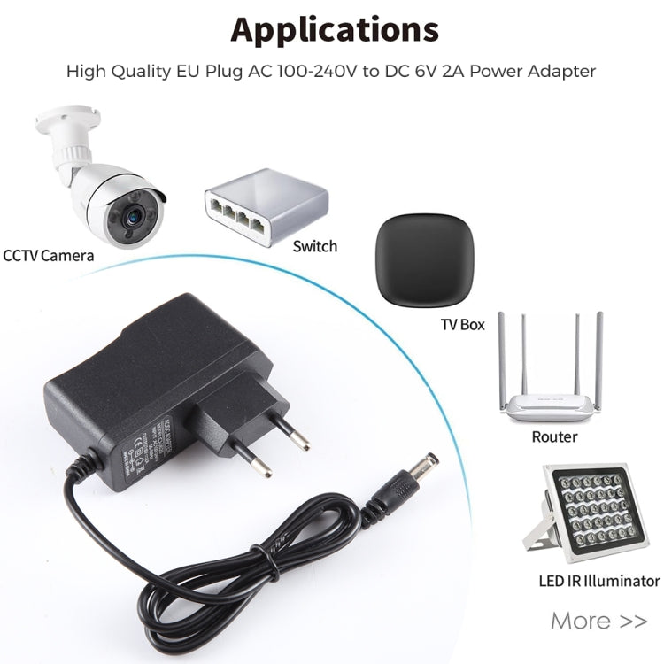 Bộ chuyển đổi nguồn phích cắm EU AC 100-240V sang DC 6V 2A, Đầu nối: 5.5 x 2.1mm, Chiều dài cáp: 1.1m, Phích cắm EU DC 6V 2A