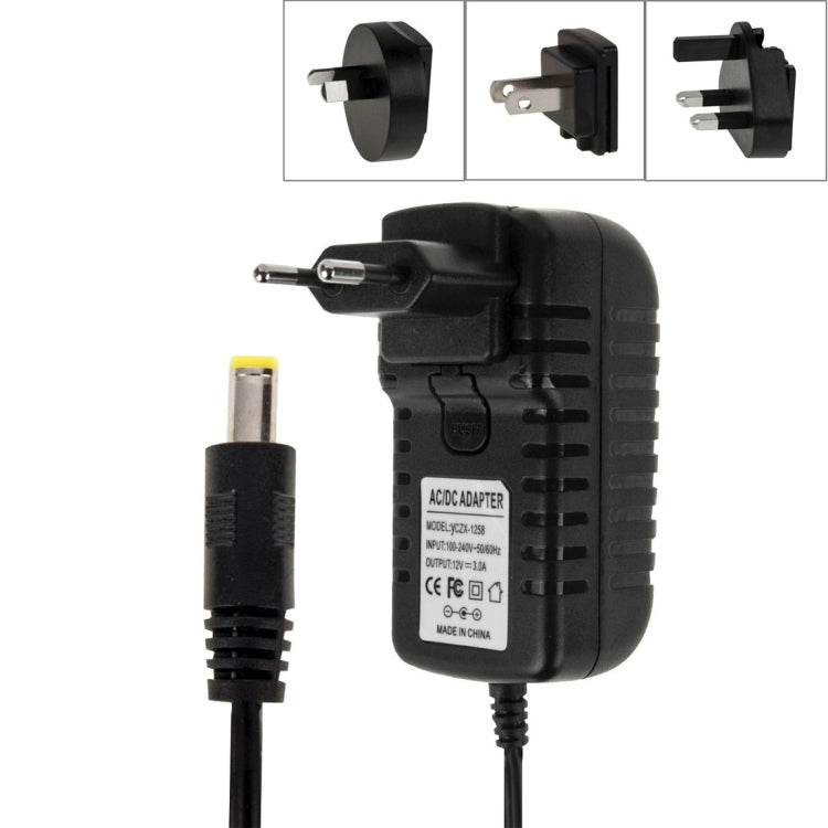 Bộ chuyển đổi nguồn 4 trong 1 cắm EU + US + UK + AU AC 100-240V sang DC 12V 3A, Đầu nối: 5.5 x 2.1mm, Chiều dài cáp: khoảng 1.2m, Cắm EU+US+UK+AU