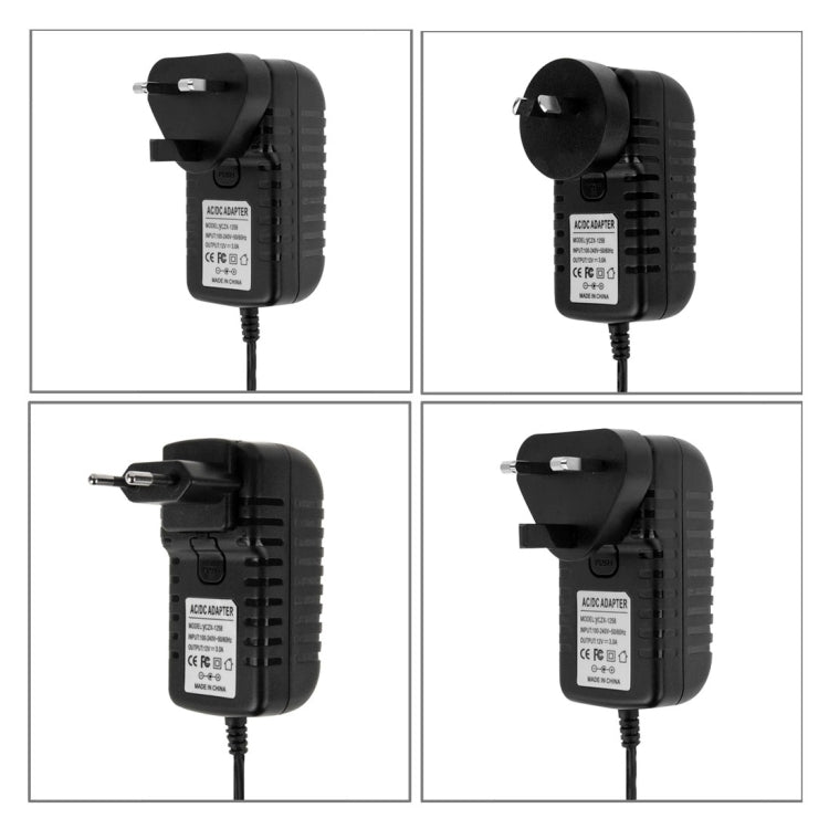 Bộ chuyển đổi nguồn 4 trong 1 cắm EU + US + UK + AU AC 100-240V sang DC 12V 3A, Đầu nối: 5.5 x 2.1mm, Chiều dài cáp: khoảng 1.2m, Cắm EU+US+UK+AU