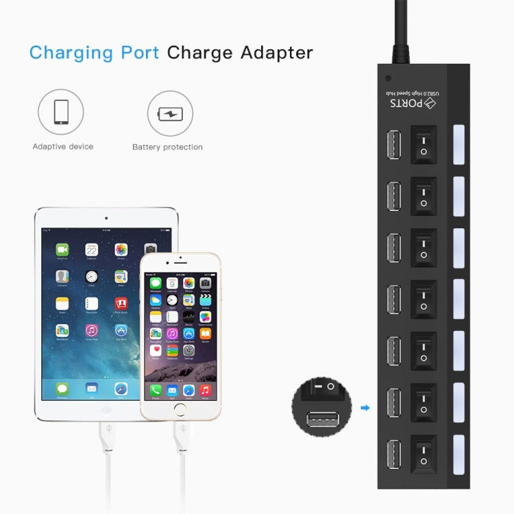 Bộ chia USB Hub 7 cổng 2.0 tốc độ cao 480Mbps có công tắc bật/tắt và 7 đèn LED, 7 cổng (Trắng), 7 cổng (Đen)