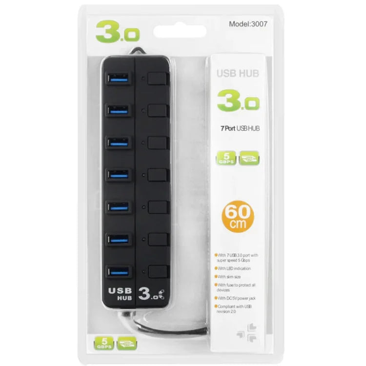 Bộ chia USB 3.0 7 cổng với công tắc riêng cho từng cổng truyền dữ liệu, 7 cổng (Màu đen)