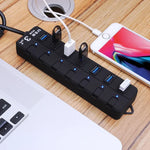Bộ chia USB 3.0 7 cổng với công tắc riêng cho từng cổng truyền dữ liệu, 7 cổng (Màu đen)