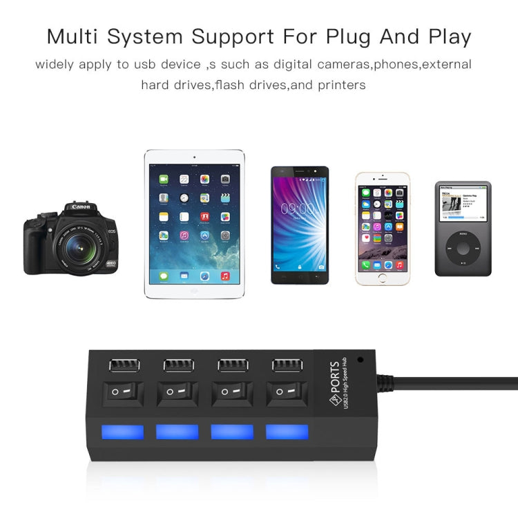 Bộ chia USB Hub 2.0 4 cổng tốc độ cao 480Mbps có công tắc bật/tắt, 4 đèn LED, 4 cổng với 4 đèn LED (Đen)