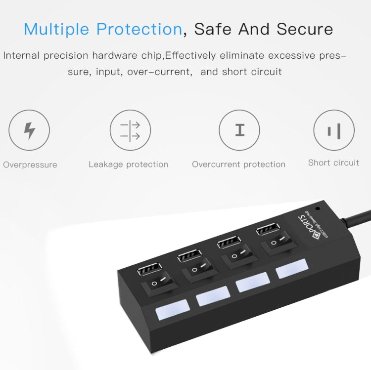 Bộ chia USB Hub 2.0 4 cổng tốc độ cao 480Mbps có công tắc bật/tắt, 4 đèn LED, 4 cổng với 4 đèn LED (Đen)