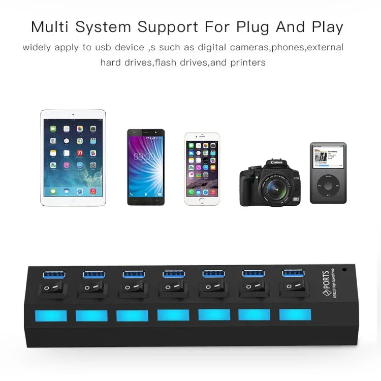 Bộ chia USB 3.0 7 cổng, tốc độ siêu nhanh 5Gbps, cắm là chạy, hỗ trợ 1TB, 7 cổng (Màu đen), 7 cổng (Màu trắng)