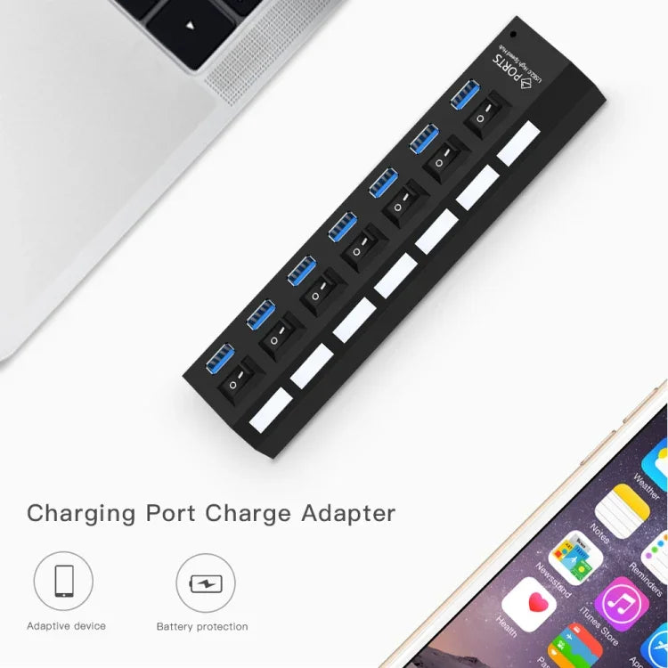Bộ chia USB 3.0 7 cổng, tốc độ siêu nhanh 5Gbps, cắm là chạy, hỗ trợ 1TB, 7 cổng (Màu đen), 7 cổng (Màu trắng)