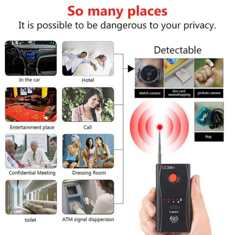 Máy phát hiện ống kính camera không dây đa năng CC308+ Phát hiện tín hiệu sóng radio Thiết bị tìm kiếm RF GSM toàn dải, CC308+