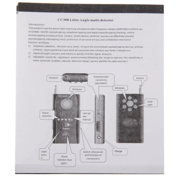 Máy phát hiện ống kính camera không dây đa năng CC308+ Phát hiện tín hiệu sóng radio Thiết bị tìm kiếm RF GSM toàn dải, CC308+