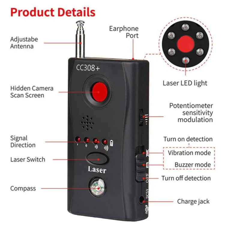 Máy phát hiện ống kính camera không dây đa năng CC308+ Phát hiện tín hiệu sóng radio Thiết bị tìm kiếm RF GSM toàn dải, CC308+