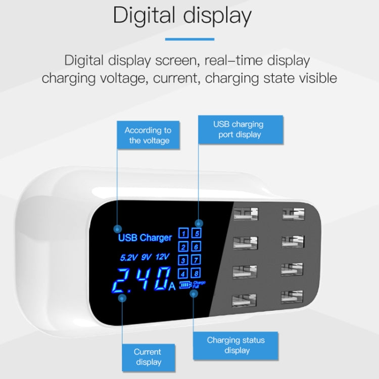 Dock sạc thông minh đa chức năng 8 cổng USB YC-CDA19A 40W hiển thị kỹ thuật số sạc nhanh, phích cắm UK, SAS1049A, SAS1049B, SAS1049C