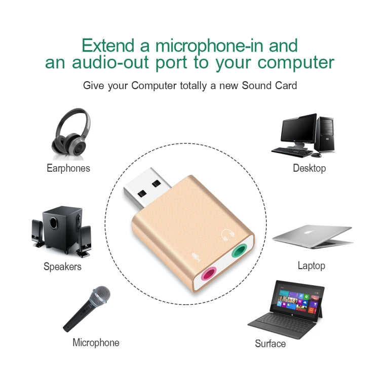 Card âm thanh USB ngoài vỏ nhôm, jack 3.5mm, HIFI Magic Voice 7.1 kênh, adapter không cần driver cho máy tính, máy bàn, loa, tai nghe, micro, vỏ nhôm 7.1 kênh màu vàng
