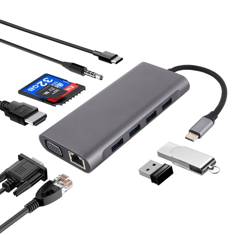 Bộ chia Hub 11 trong 1 VGA + cổng LAN + 4 x USB 3.0 + thẻ SD / TF + HDMI + cổng âm thanh + USB-C / Type-C cái sang USB-C / Type-C, 11 cổng sang Type-C