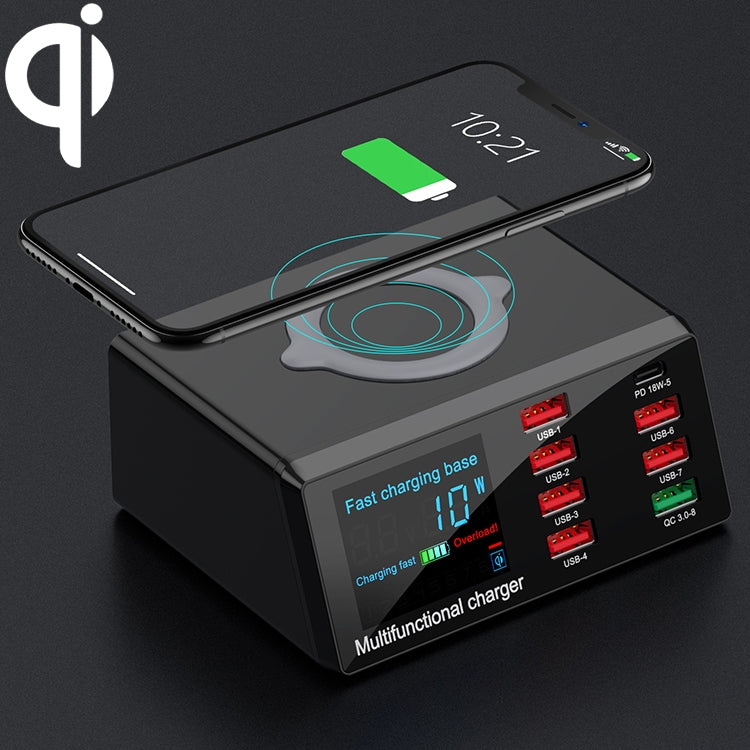 Bộ sạc đa chức năng X9 9 trong 1 QC 3.0 giao diện USB + 6 cổng USB + cổng PD 65W + sạc nhanh không dây QI với màn hình LED, X9