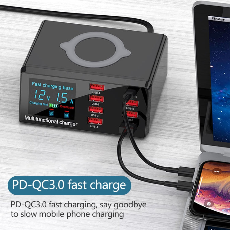 Bộ sạc đa chức năng X9 9 trong 1 QC 3.0 giao diện USB + 6 cổng USB + cổng PD 65W + sạc nhanh không dây QI với màn hình LED, X9