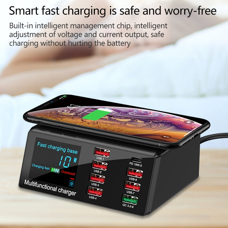 Bộ sạc đa chức năng X9 9 trong 1 QC 3.0 giao diện USB + 6 cổng USB + cổng PD 65W + sạc nhanh không dây QI với màn hình LED, X9
