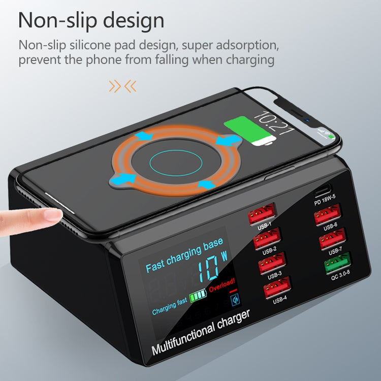 Bộ sạc đa chức năng X9 9 trong 1 QC 3.0 giao diện USB + 6 cổng USB + cổng PD 65W + sạc nhanh không dây QI với màn hình LED, X9