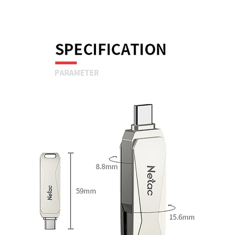 USB Netac U782C 128GB USB-C / Type-C + USB 3.0, ổ flash xoay 360 độ hợp kim kẽm OTG U Disk, 128GB