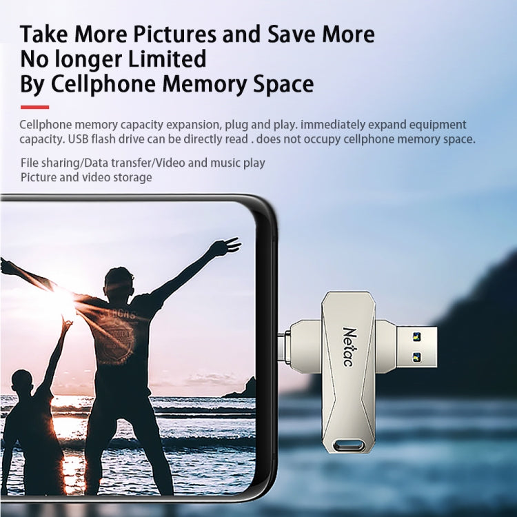 USB Netac U782C 128GB USB-C / Type-C + USB 3.0, ổ flash xoay 360 độ hợp kim kẽm OTG U Disk, 128GB