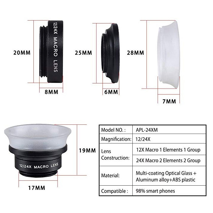 Ống kính điện thoại di động đa năng 2 trong 1 APEXEL APL-24X-H 12X & 24X Macro với nắp che ống kính