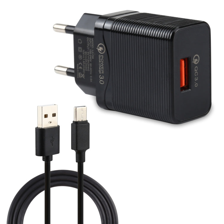 Bộ sạc du lịch 2 trong 1 LZ-728 18W QC 3.0 cổng USB + bộ cáp dữ liệu USB sang USB-C / Type-C, phích cắm EU, chiều dài cáp: 1m, kèm cáp USB-C / Type-C