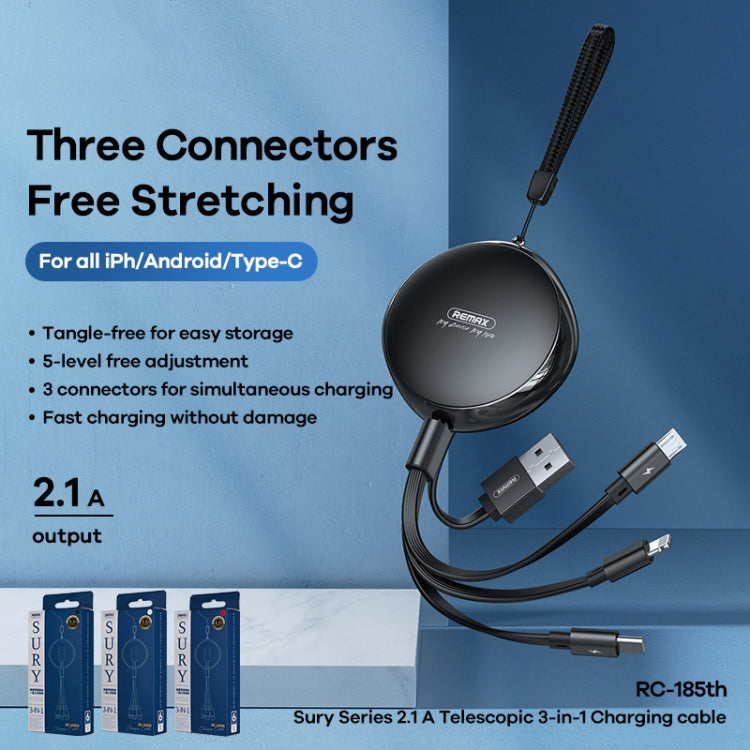 REMAX RC-185th 3 trong 1 2.1A USB sang 8 Pin + USB-C / Type-C + Micro USB Dây sạc dữ liệu thu phóng Sury Series