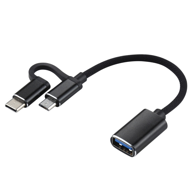 Cáp bộ chuyển đổi OTG bện nylon USB 3.0 cái sang Micro USB + USB-C / Type-C đực sạc + truyền dữ liệu, chiều dài cáp: 11cm, Micro USB đen, Micro USB xanh dương, Micro USB đỏ, Micro USB bạc, Micro USB trắng