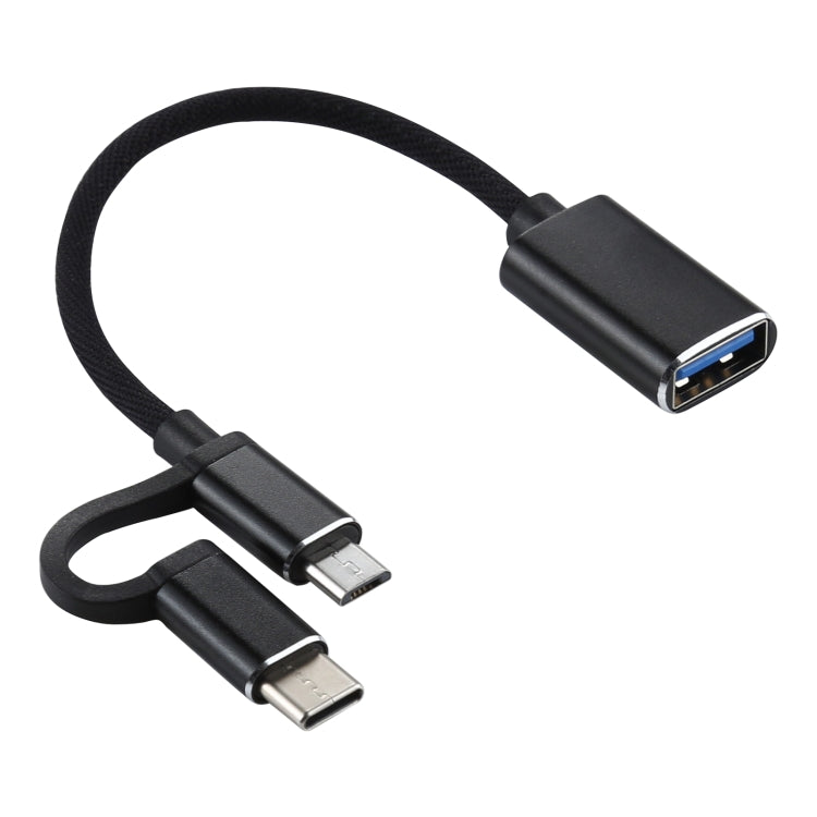Cáp bộ chuyển đổi OTG bện nylon USB 3.0 cái sang Micro USB + USB-C / Type-C đực sạc + truyền dữ liệu, chiều dài cáp: 11cm, Micro USB đen, Micro USB xanh dương, Micro USB đỏ, Micro USB bạc, Micro USB trắng
