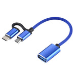 Cáp bộ chuyển đổi OTG bện nylon USB 3.0 cái sang Micro USB + USB-C / Type-C đực sạc + truyền dữ liệu, chiều dài cáp: 11cm, Micro USB đen, Micro USB xanh dương, Micro USB đỏ, Micro USB bạc, Micro USB trắng