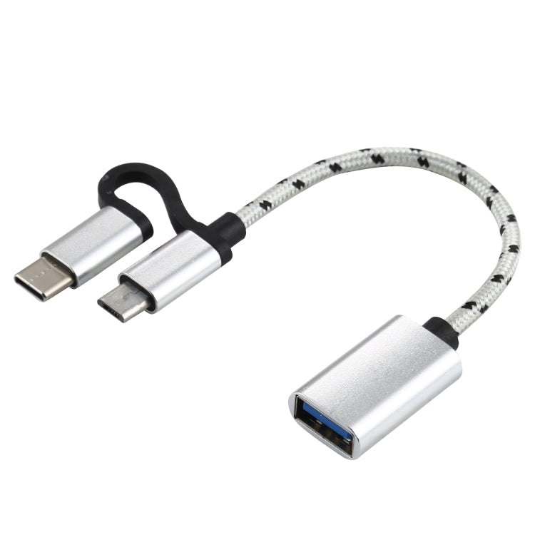Cáp bộ chuyển đổi OTG bện nylon USB 3.0 cái sang Micro USB + USB-C / Type-C đực sạc + truyền dữ liệu, chiều dài cáp: 11cm, Micro USB đen, Micro USB xanh dương, Micro USB đỏ, Micro USB bạc, Micro USB trắng
