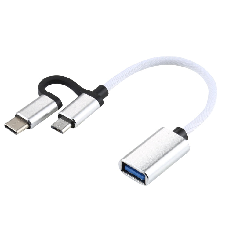 Cáp bộ chuyển đổi OTG bện nylon USB 3.0 cái sang Micro USB + USB-C / Type-C đực sạc + truyền dữ liệu, chiều dài cáp: 11cm, Micro USB đen, Micro USB xanh dương, Micro USB đỏ, Micro USB bạc, Micro USB trắng