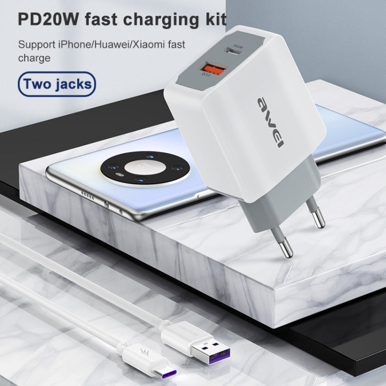 Bộ sạc du lịch sạc nhanh awei PD4 20W PD Type-C + QC 3.0 USB kèm cáp dữ liệu, phích cắm EU