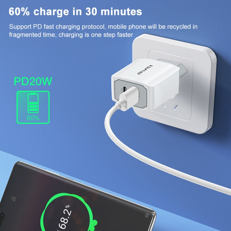 Bộ sạc du lịch sạc nhanh awei PD4 20W PD Type-C + QC 3.0 USB kèm cáp dữ liệu, phích cắm EU