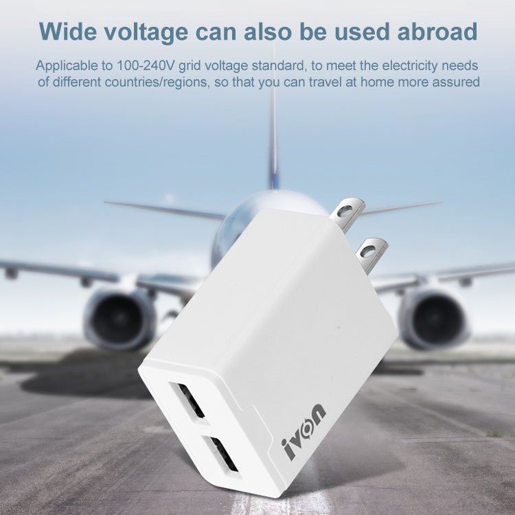 Bộ sạc du lịch IVON AD38 5V 2.1A hai cổng USB, phích cắm Mỹ, AD38