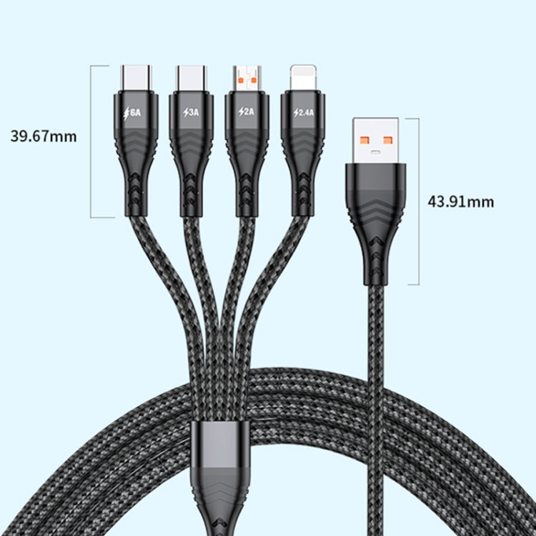 Dây sạc dữ liệu nhanh 4 trong 1 66W 6A USB sang 8 Pin + Micro USB + USB-C / Type-C đôi, chiều dài cáp: 1.2m, 66W