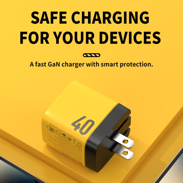 Bộ sạc gallium nitride 40W WK WP-U128 với 2 cổng USB-C/Type-C, thông số kỹ thuật: phích cắm US