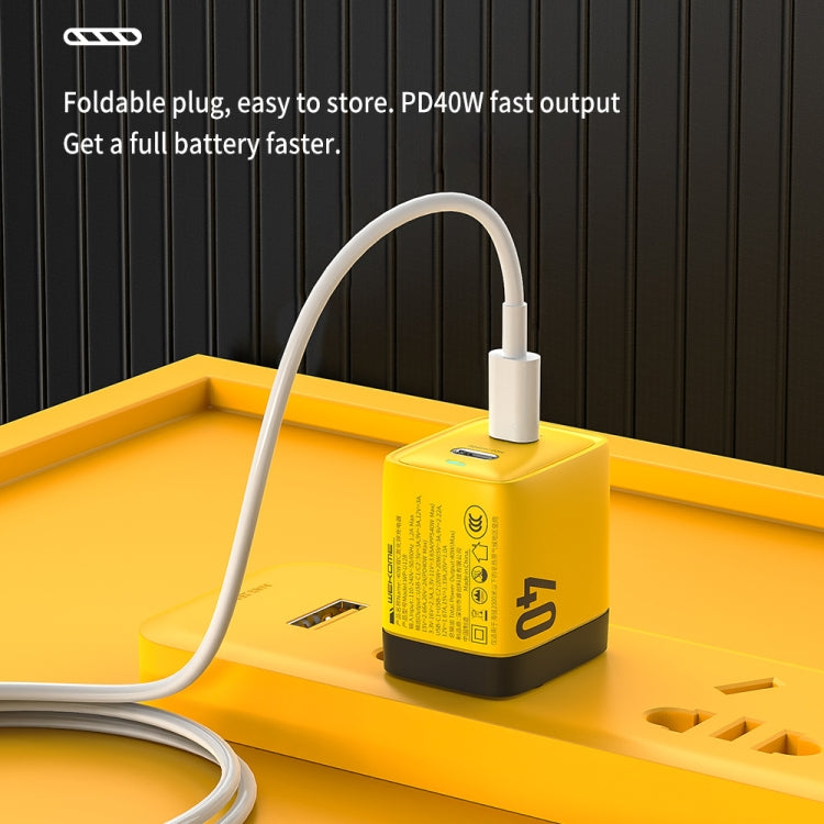 Bộ sạc gallium nitride 40W WK WP-U128 với 2 cổng USB-C/Type-C, thông số kỹ thuật: phích cắm US