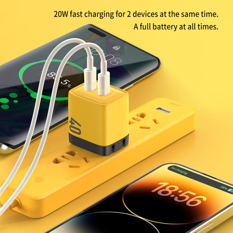 Bộ sạc gallium nitride 40W WK WP-U128 với 2 cổng USB-C/Type-C, thông số kỹ thuật: phích cắm US