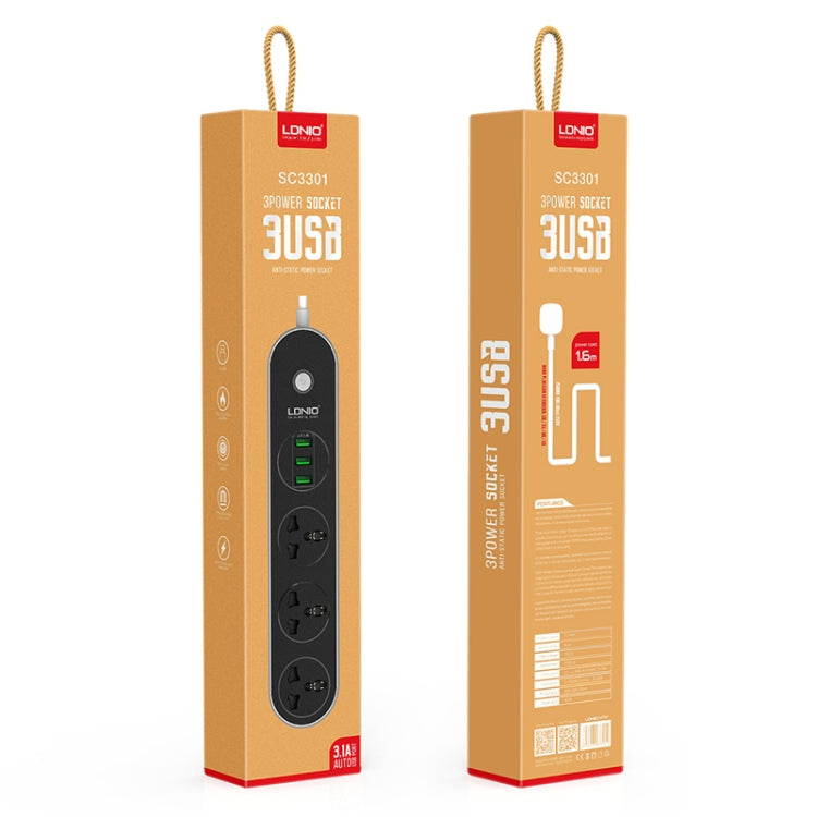 Ổ cắm du lịch văn phòng gia đình LDNIO SC3301 3 cổng USB, Chiều dài cáp: 1.6m, Phích cắm US, SAS8610AUS, SAS8610BUS, SAS8610EU, SAS8610UK