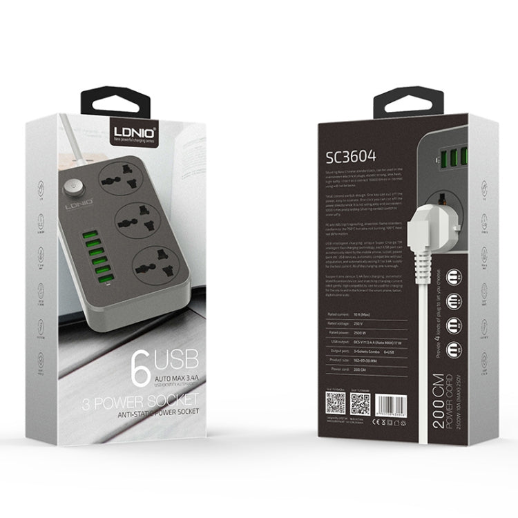 Ổ cắm đa năng du lịch văn phòng gia đình LDNIO SC3604 6 cổng USB, chiều dài cáp: 2m, phích cắm US, SAS8611AUK, SAS8611AUS, SAS8611BUK, SAS8611BUS, SAS8611EU