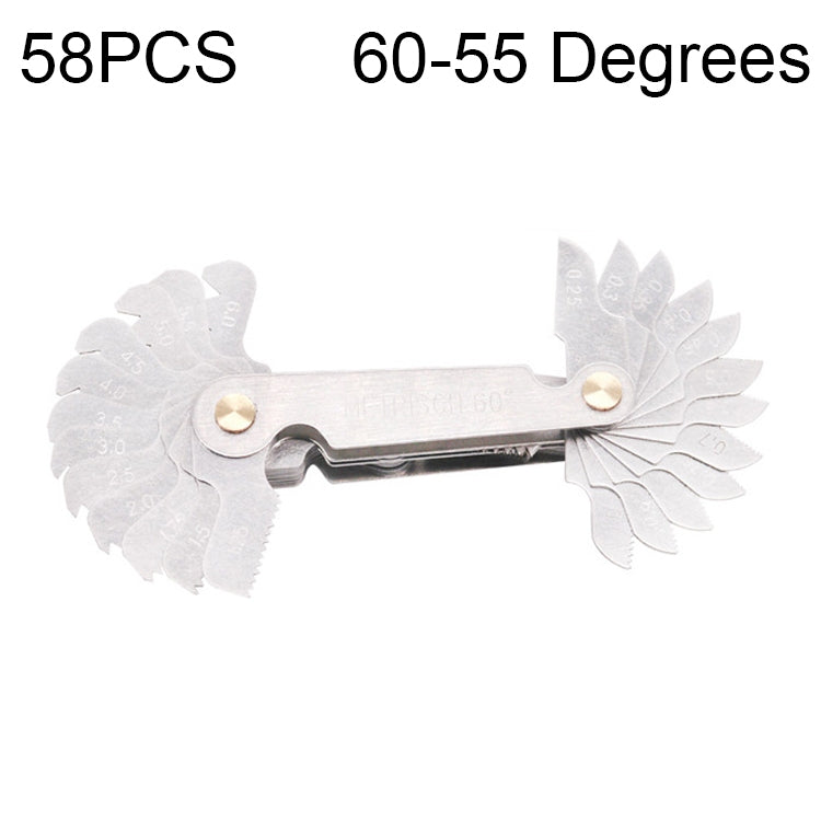 Bộ 58 cái thước đo ren thép không gỉ CR góc 60 độ hệ mét + góc 55 độ Anh, Bộ 58 cái thước đo ren
