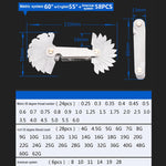 Bộ 58 cái thước đo ren thép không gỉ CR góc 60 độ hệ mét + góc 55 độ Anh, Bộ 58 cái thước đo ren