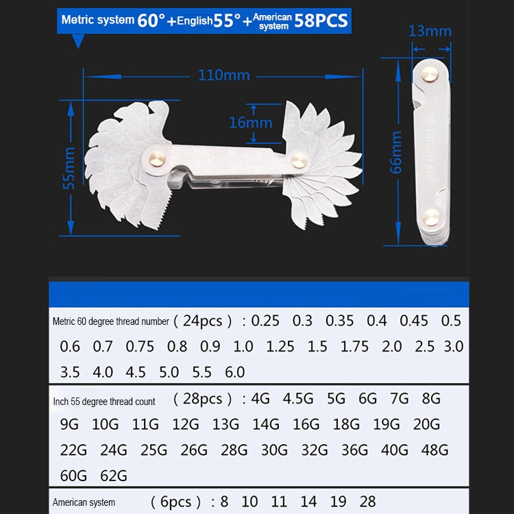 Bộ 58 cái thước đo ren thép không gỉ CR góc 60 độ hệ mét + góc 55 độ Anh, Bộ 58 cái thước đo ren