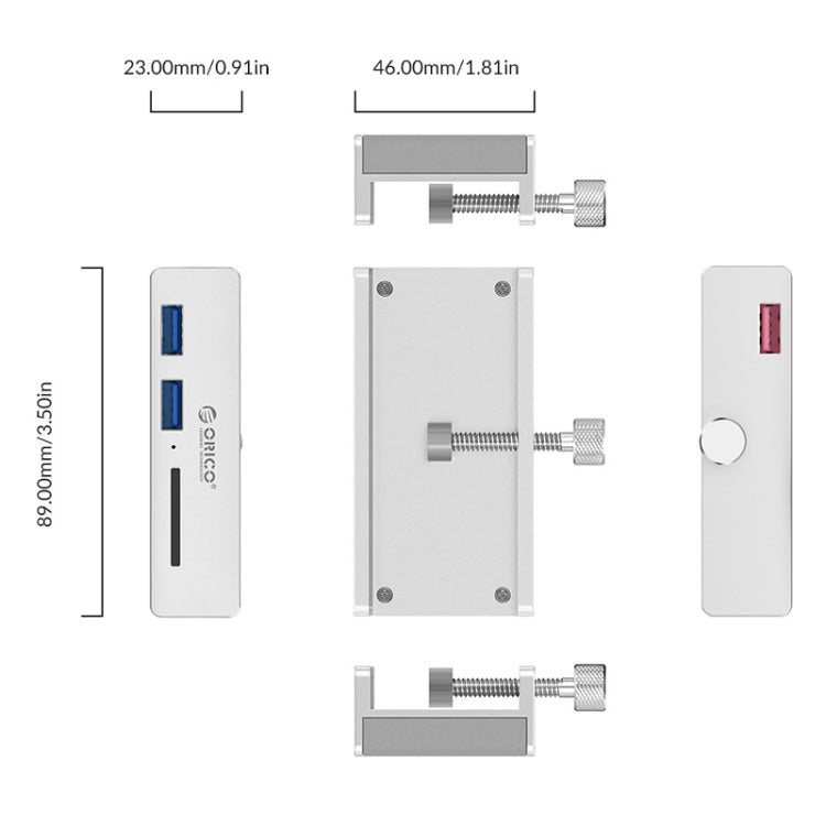 Hub USB3.0 2 cổng loại kẹp ORICO MH2AC-U3 kèm đầu đọc thẻ SD