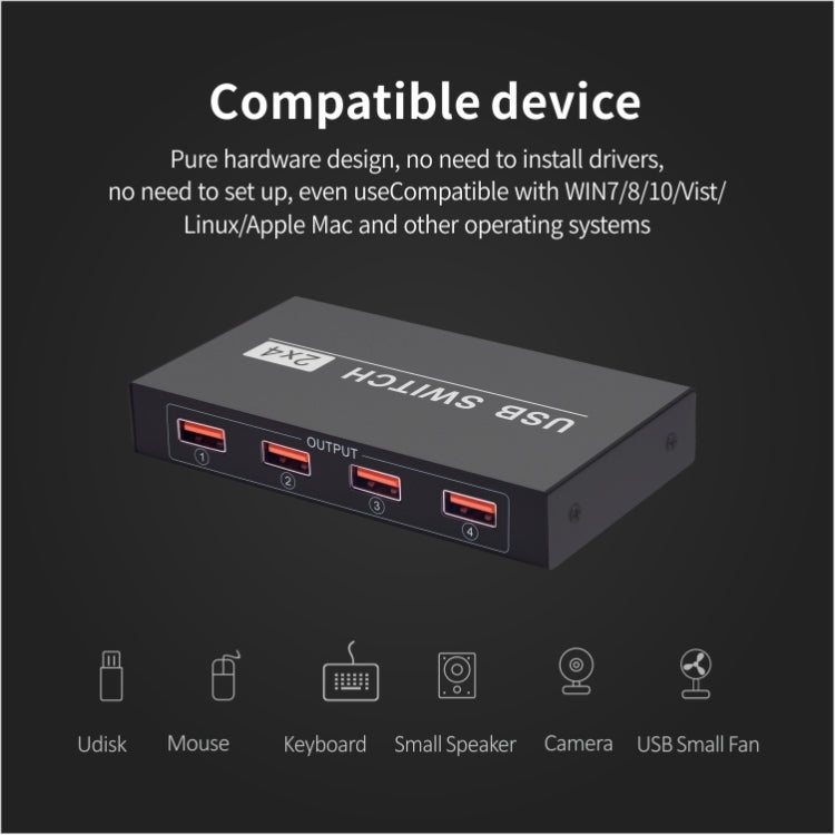 Bộ chuyển đổi USB 2x4 chia sẻ 2 cổng PC cho 4 thiết bị như máy in, bàn phím, chuột, màn hình, bộ chuyển đổi USB 2x4
