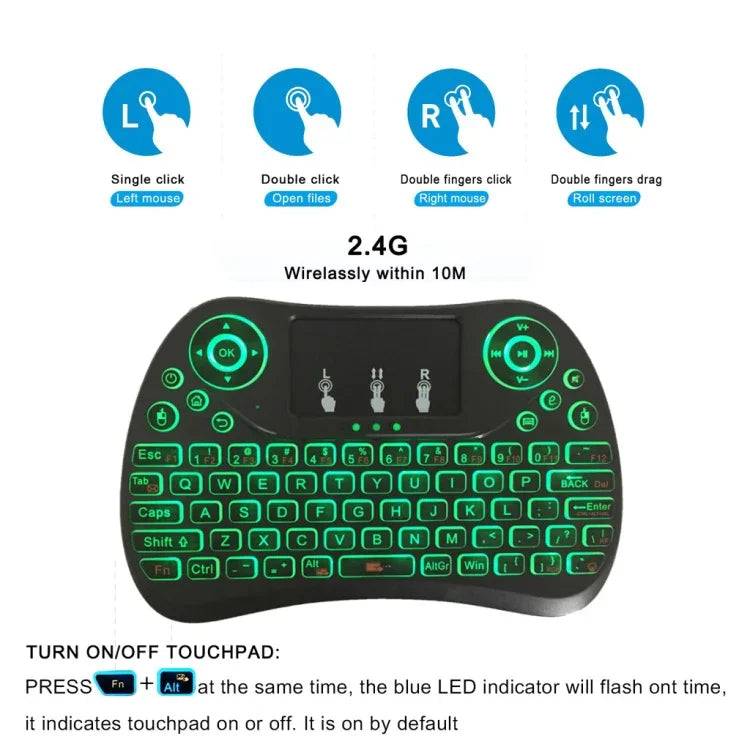 Bàn phím mini không dây I8 Max 2.4GHz có bàn di chuột, sạc lại được, chuột bay thông minh chơi game có đèn nền 7 màu