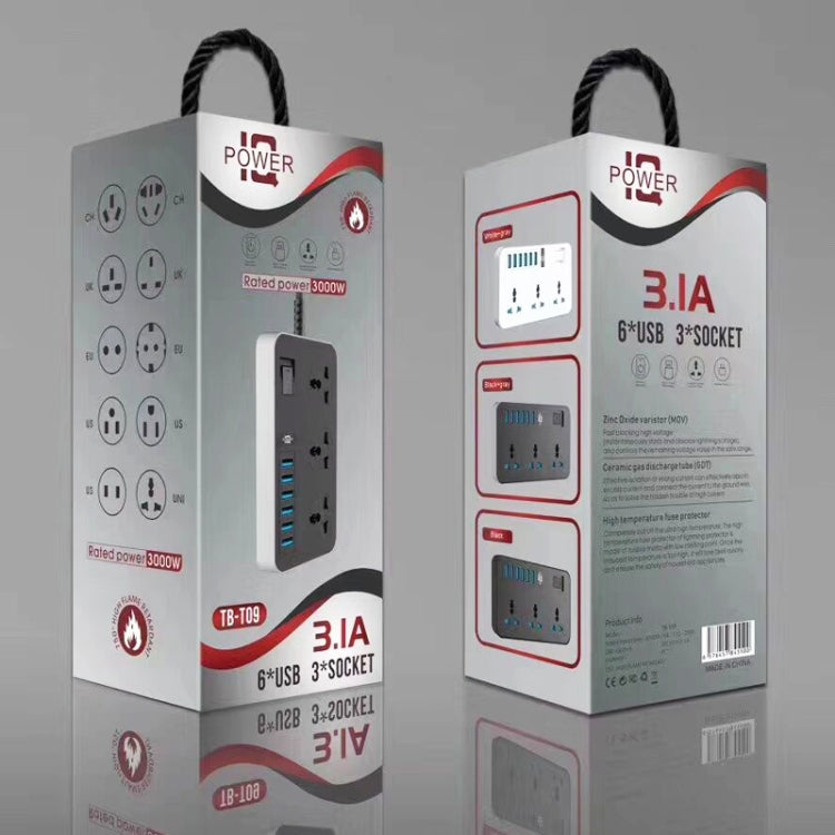 Ổ cắm đa năng 3 lỗ công suất cao 3000W T09 + 6 cổng sạc USB thông minh, phích cắm EU, phích cắm US, phích cắm UK