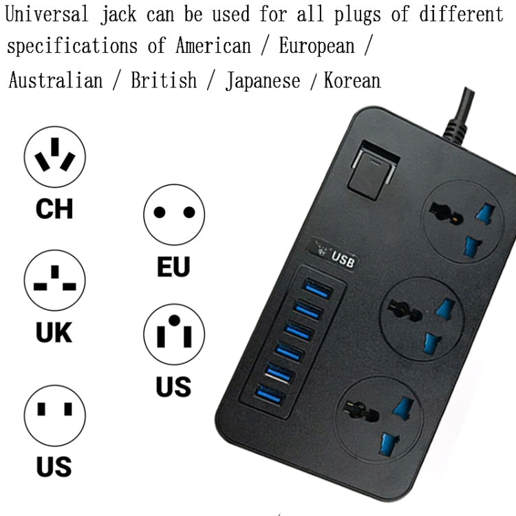 Ổ cắm đa năng 3 lỗ công suất cao 3000W T09 + 6 cổng sạc USB thông minh, phích cắm EU, phích cắm US, phích cắm UK