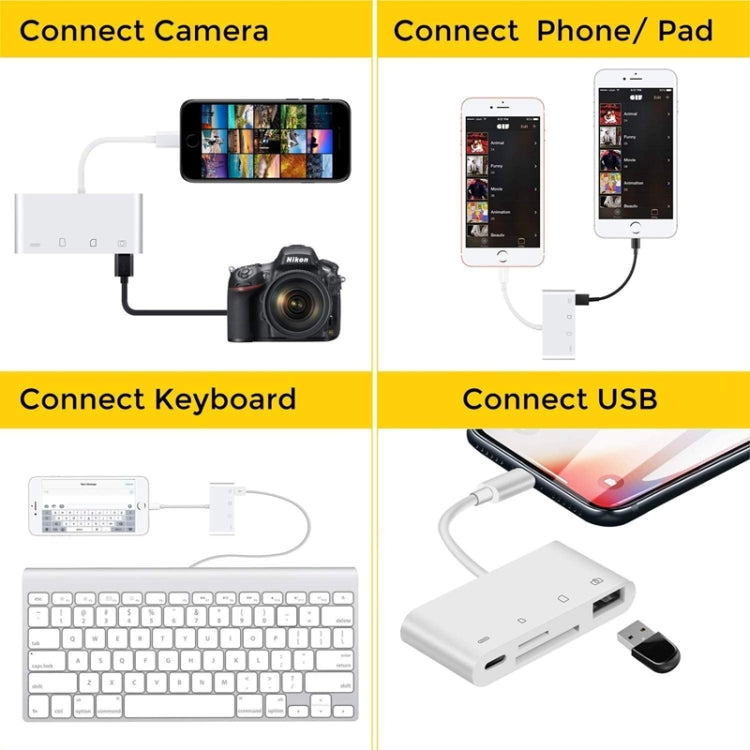 Bộ chuyển đổi đầu đọc thẻ ZS-S1827 4 trong 1 SD + TF + sạc 8 Pin + giao diện USB sang giao diện 8 Pin cho camera, hỗ trợ tất cả hệ điều hành iOS