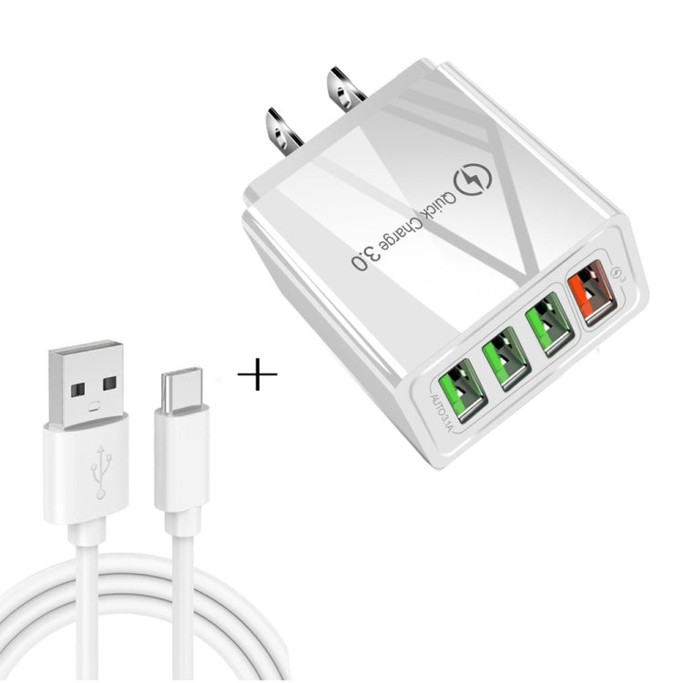 Bộ cáp dữ liệu 2 trong 1 USB sang USB-C / Type-C + sạc nhanh đa năng 30W QC 3.0 4 cổng USB cho điện thoại, máy tính bảng, PC, phích cắm US, bộ USB-C / Type-C phích cắm US