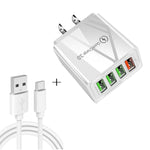 Bộ cáp dữ liệu 2 trong 1 USB sang USB-C / Type-C + sạc nhanh đa năng 30W QC 3.0 4 cổng USB cho điện thoại, máy tính bảng, PC, phích cắm US, bộ USB-C / Type-C phích cắm US